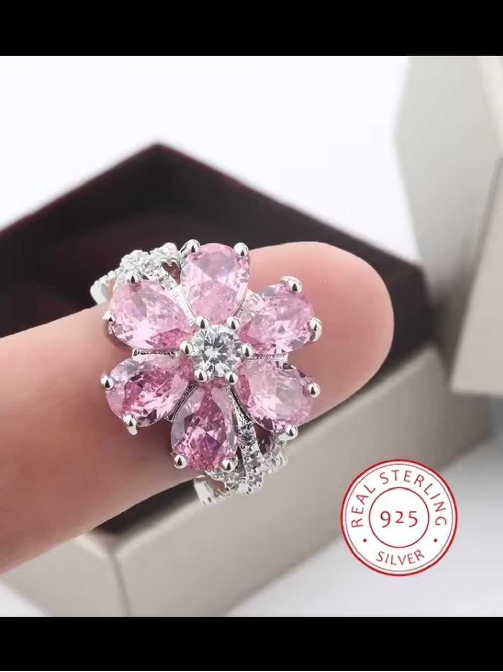 Emma Madison sterling silver crystal diamonds pink Flower Ring no box